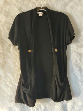 Y2K 90s Black Short Sleeve Open Cardigan with Gold Button Details and Pockets